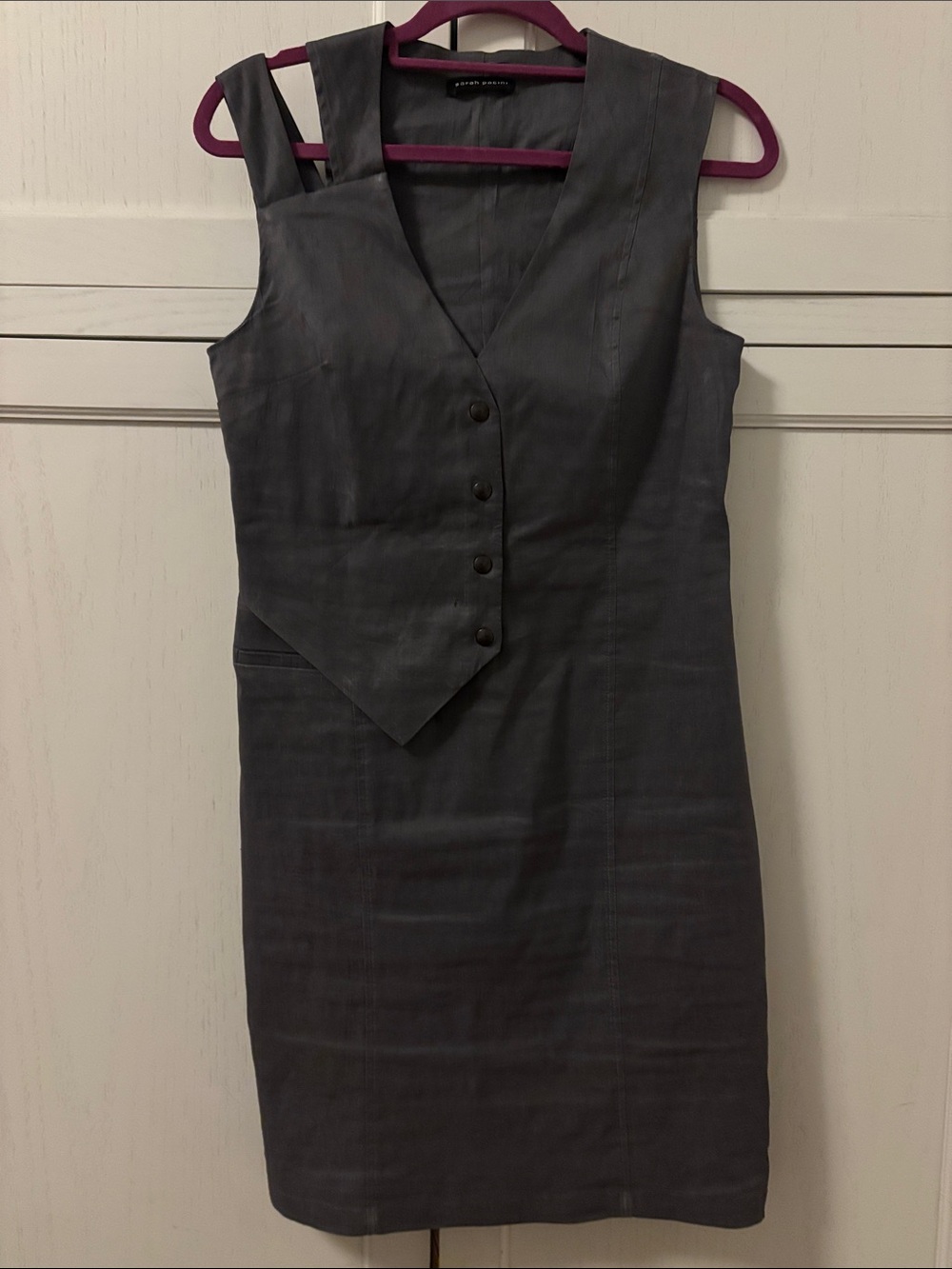 Sarah Pacini Charcoal Gray Sleeveless Sheath Dress with Buttoned Vest Detail